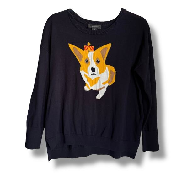 French Connection Sweater Corgi Dog Women's Small Navy Blue Crewneck New Crowned - Picture 2 of 7